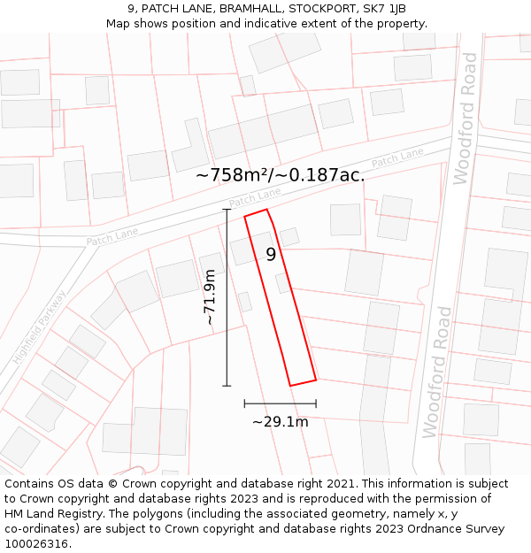 9, PATCH LANE, BRAMHALL, STOCKPORT, SK7 1JB: Plot and title map