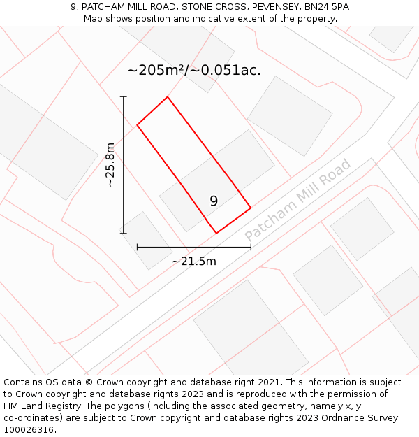 9, PATCHAM MILL ROAD, STONE CROSS, PEVENSEY, BN24 5PA: Plot and title map