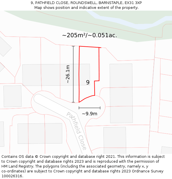 9, PATHFIELD CLOSE, ROUNDSWELL, BARNSTAPLE, EX31 3XP: Plot and title map