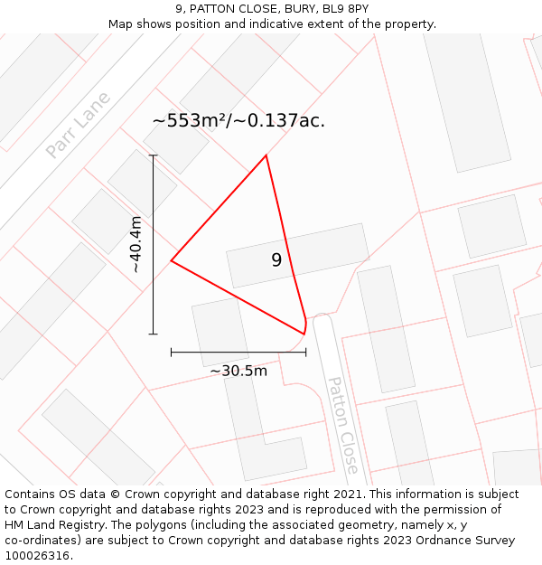 9, PATTON CLOSE, BURY, BL9 8PY: Plot and title map