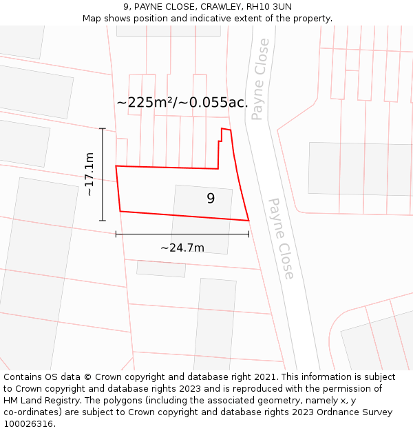 9, PAYNE CLOSE, CRAWLEY, RH10 3UN: Plot and title map