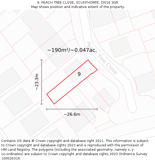 9, PEACH TREE CLOSE, SCUNTHORPE, DN16 3GR: Plot and title map