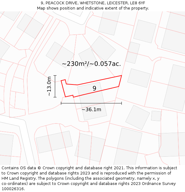 9, PEACOCK DRIVE, WHETSTONE, LEICESTER, LE8 6YF: Plot and title map