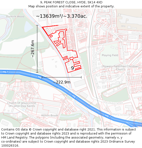 9, PEAK FOREST CLOSE, HYDE, SK14 4XD: Plot and title map