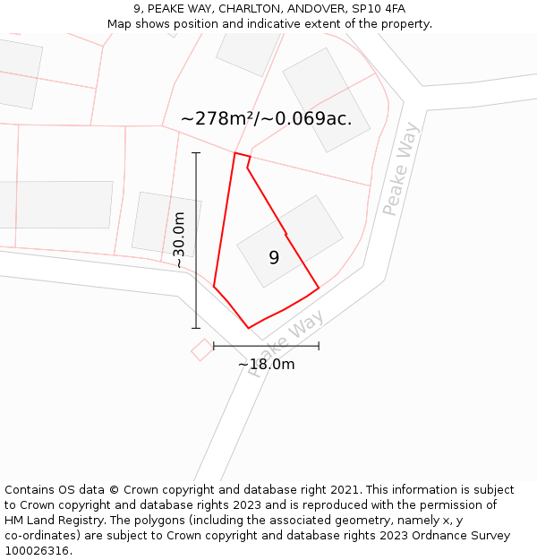 9, PEAKE WAY, CHARLTON, ANDOVER, SP10 4FA: Plot and title map