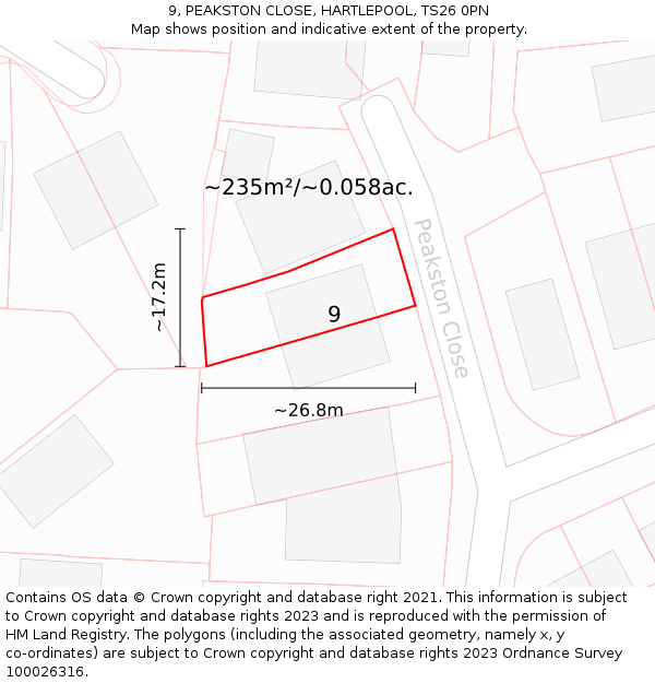 9, PEAKSTON CLOSE, HARTLEPOOL, TS26 0PN: Plot and title map