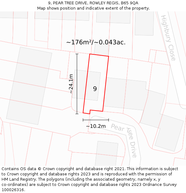 9, PEAR TREE DRIVE, ROWLEY REGIS, B65 9QA: Plot and title map