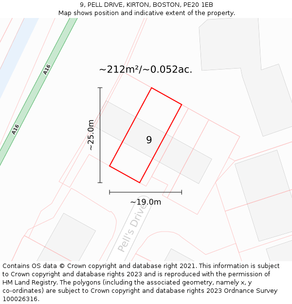 9, PELL DRIVE, KIRTON, BOSTON, PE20 1EB: Plot and title map
