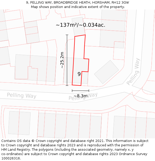 9, PELLING WAY, BROADBRIDGE HEATH, HORSHAM, RH12 3GW: Plot and title map