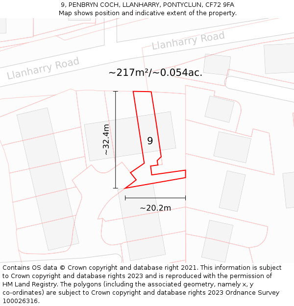 9, PENBRYN COCH, LLANHARRY, PONTYCLUN, CF72 9FA: Plot and title map