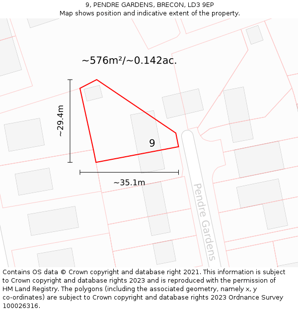 9, PENDRE GARDENS, BRECON, LD3 9EP: Plot and title map