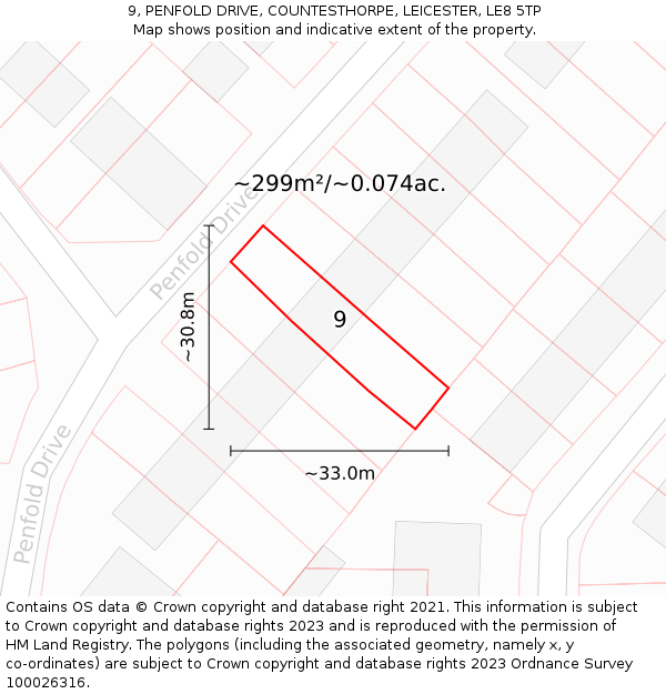 9, PENFOLD DRIVE, COUNTESTHORPE, LEICESTER, LE8 5TP: Plot and title map