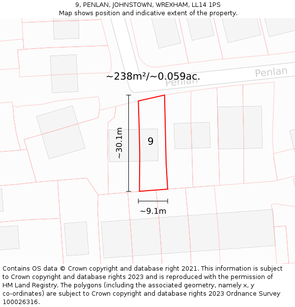 9, PENLAN, JOHNSTOWN, WREXHAM, LL14 1PS: Plot and title map