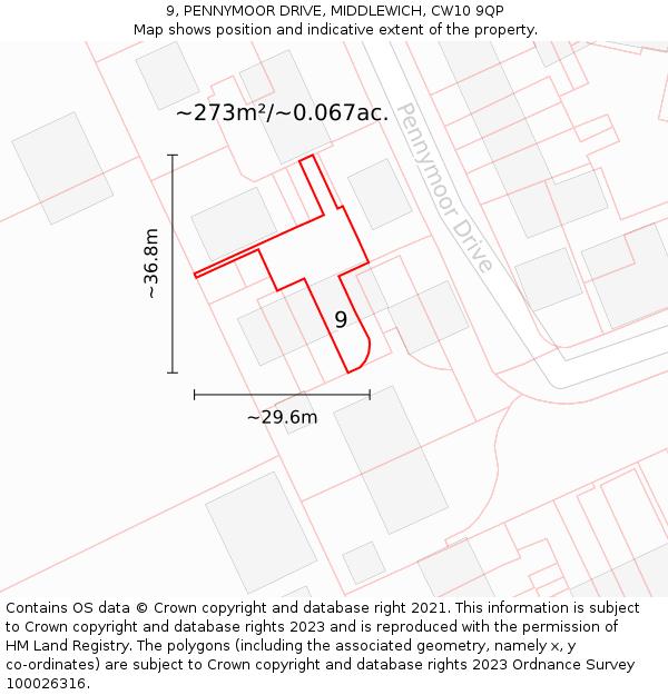 9, PENNYMOOR DRIVE, MIDDLEWICH, CW10 9QP: Plot and title map