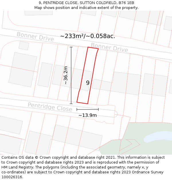 9, PENTRIDGE CLOSE, SUTTON COLDFIELD, B76 1EB: Plot and title map