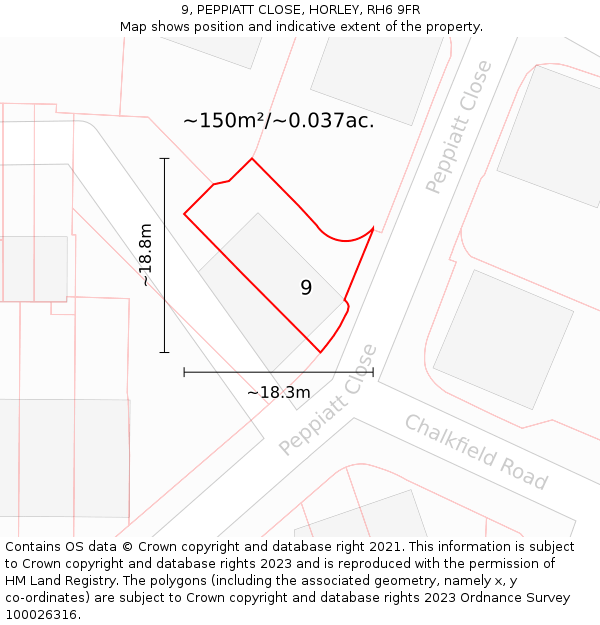 9, PEPPIATT CLOSE, HORLEY, RH6 9FR: Plot and title map