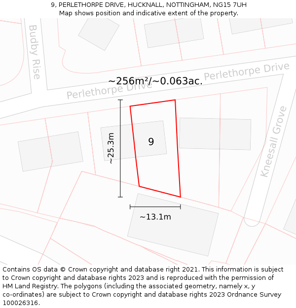 9, PERLETHORPE DRIVE, HUCKNALL, NOTTINGHAM, NG15 7UH: Plot and title map