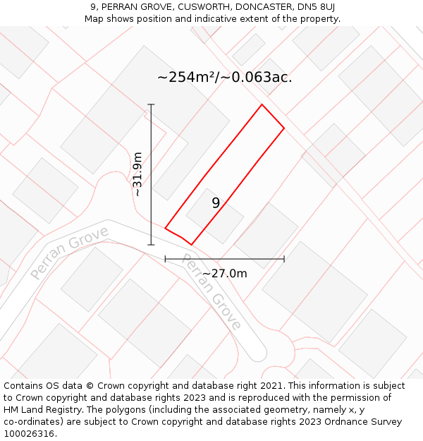 9, PERRAN GROVE, CUSWORTH, DONCASTER, DN5 8UJ: Plot and title map