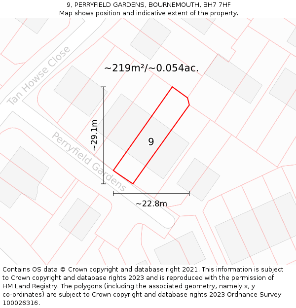 9, PERRYFIELD GARDENS, BOURNEMOUTH, BH7 7HF: Plot and title map