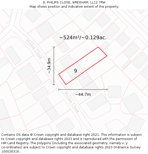 9, PHILIPS CLOSE, WREXHAM, LL12 7RW: Plot and title map
