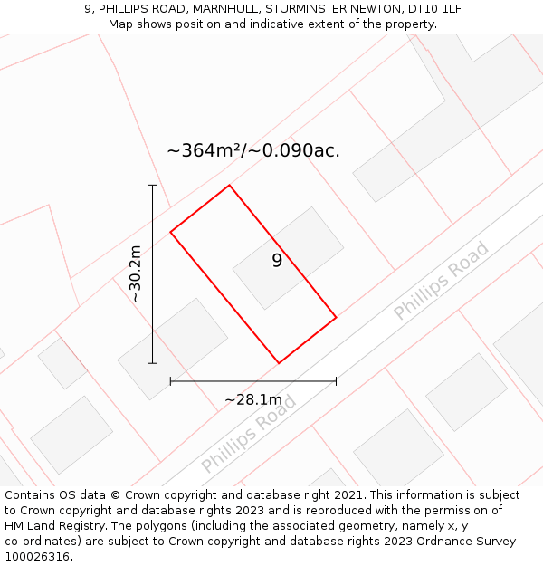 9, PHILLIPS ROAD, MARNHULL, STURMINSTER NEWTON, DT10 1LF: Plot and title map