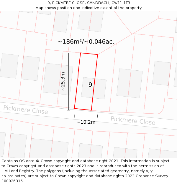 9, PICKMERE CLOSE, SANDBACH, CW11 1TR: Plot and title map