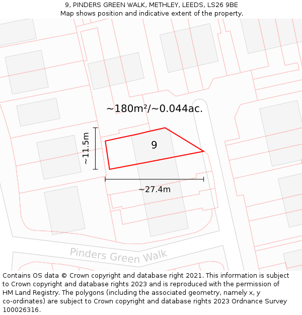 9, PINDERS GREEN WALK, METHLEY, LEEDS, LS26 9BE: Plot and title map
