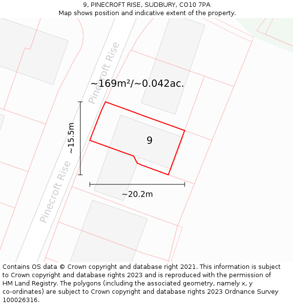 9, PINECROFT RISE, SUDBURY, CO10 7PA: Plot and title map