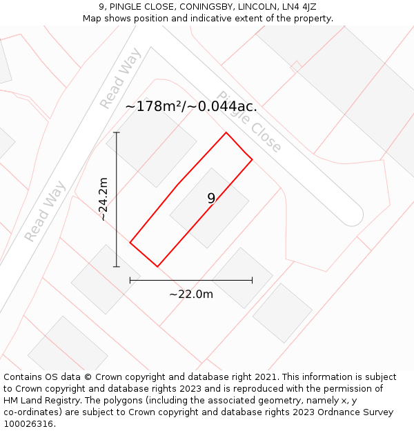 9, PINGLE CLOSE, CONINGSBY, LINCOLN, LN4 4JZ: Plot and title map