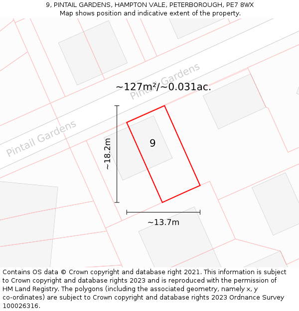 9, PINTAIL GARDENS, HAMPTON VALE, PETERBOROUGH, PE7 8WX: Plot and title map