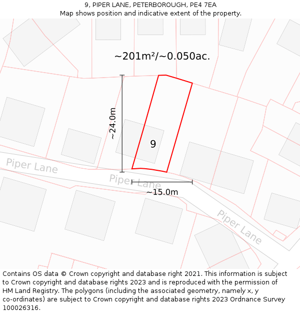 9, PIPER LANE, PETERBOROUGH, PE4 7EA: Plot and title map