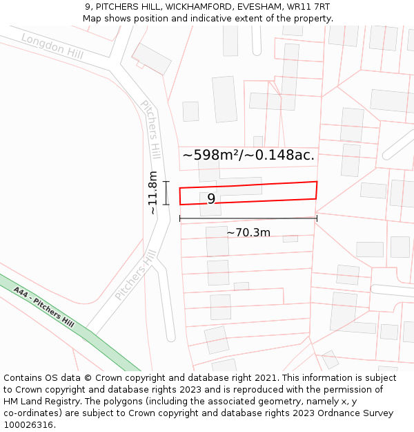 9, PITCHERS HILL, WICKHAMFORD, EVESHAM, WR11 7RT: Plot and title map