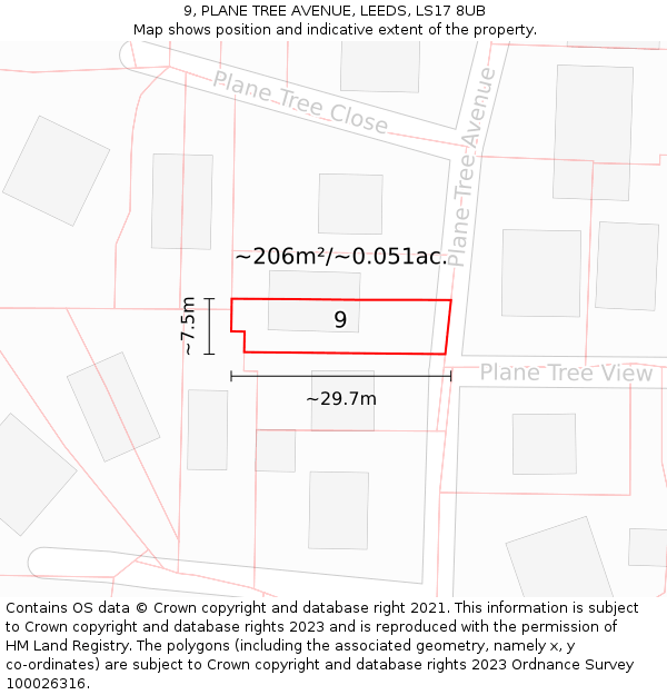 9, PLANE TREE AVENUE, LEEDS, LS17 8UB: Plot and title map