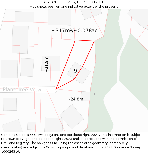 9, PLANE TREE VIEW, LEEDS, LS17 8UE: Plot and title map