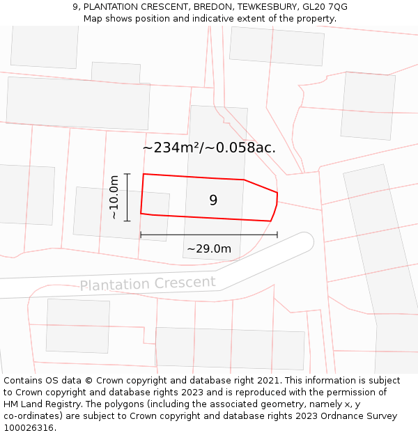 9, PLANTATION CRESCENT, BREDON, TEWKESBURY, GL20 7QG: Plot and title map