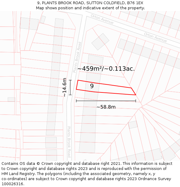 9, PLANTS BROOK ROAD, SUTTON COLDFIELD, B76 1EX: Plot and title map