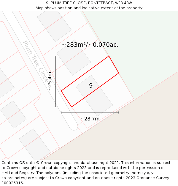 9, PLUM TREE CLOSE, PONTEFRACT, WF8 4RW: Plot and title map