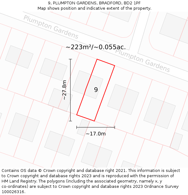 9, PLUMPTON GARDENS, BRADFORD, BD2 1PF: Plot and title map