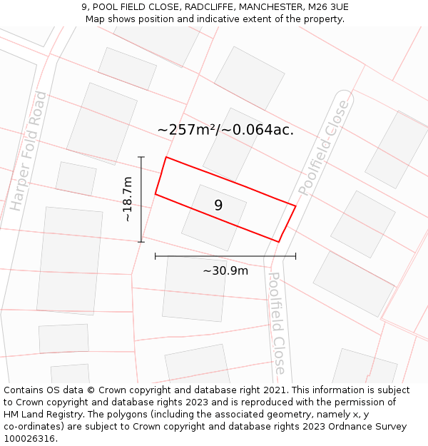 9, POOL FIELD CLOSE, RADCLIFFE, MANCHESTER, M26 3UE: Plot and title map