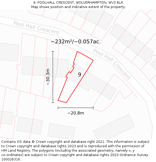 9, POOLHALL CRESCENT, WOLVERHAMPTON, WV3 8LA: Plot and title map