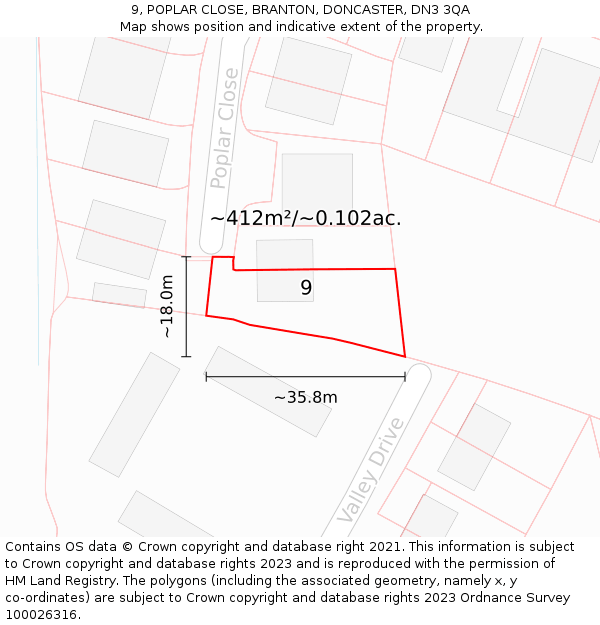 9, POPLAR CLOSE, BRANTON, DONCASTER, DN3 3QA: Plot and title map