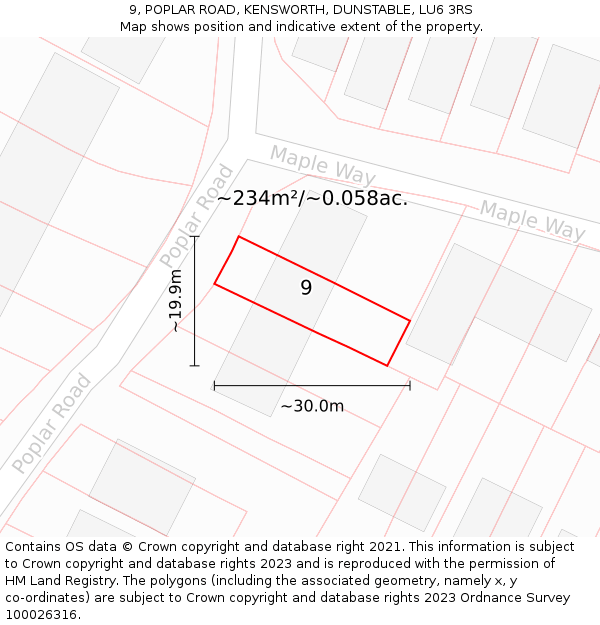 9, POPLAR ROAD, KENSWORTH, DUNSTABLE, LU6 3RS: Plot and title map