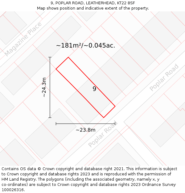 9, POPLAR ROAD, LEATHERHEAD, KT22 8SF: Plot and title map