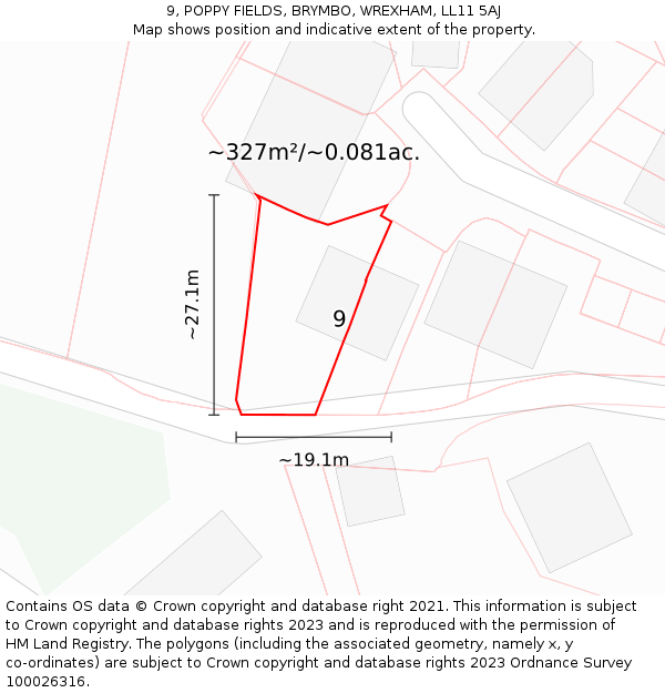 9, POPPY FIELDS, BRYMBO, WREXHAM, LL11 5AJ: Plot and title map