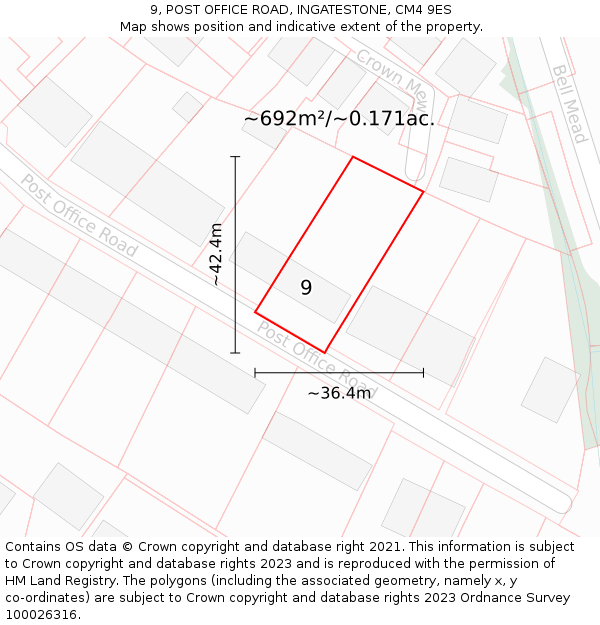 9, POST OFFICE ROAD, INGATESTONE, CM4 9ES: Plot and title map