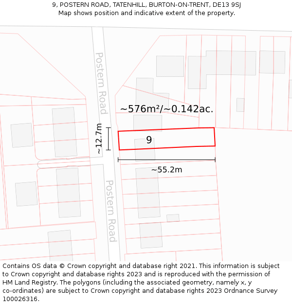 9, POSTERN ROAD, TATENHILL, BURTON-ON-TRENT, DE13 9SJ: Plot and title map