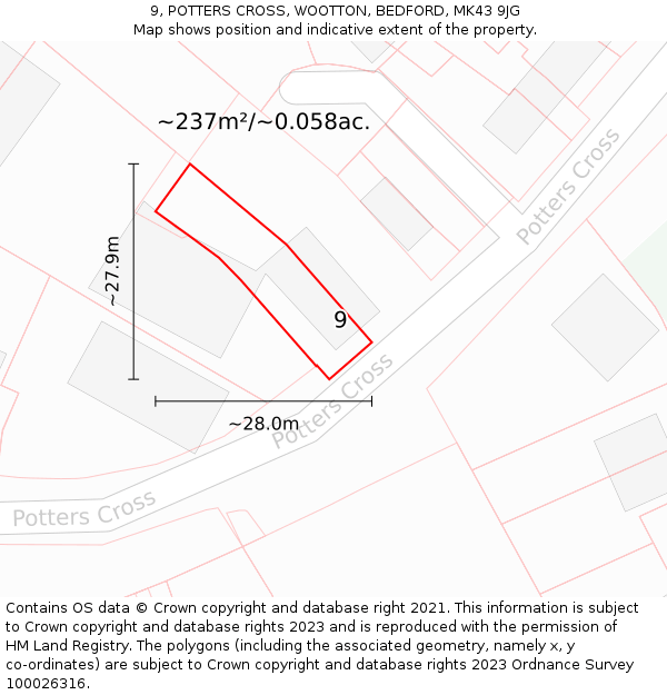 9, POTTERS CROSS, WOOTTON, BEDFORD, MK43 9JG: Plot and title map