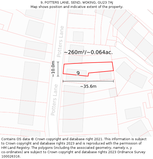 9, POTTERS LANE, SEND, WOKING, GU23 7AJ: Plot and title map
