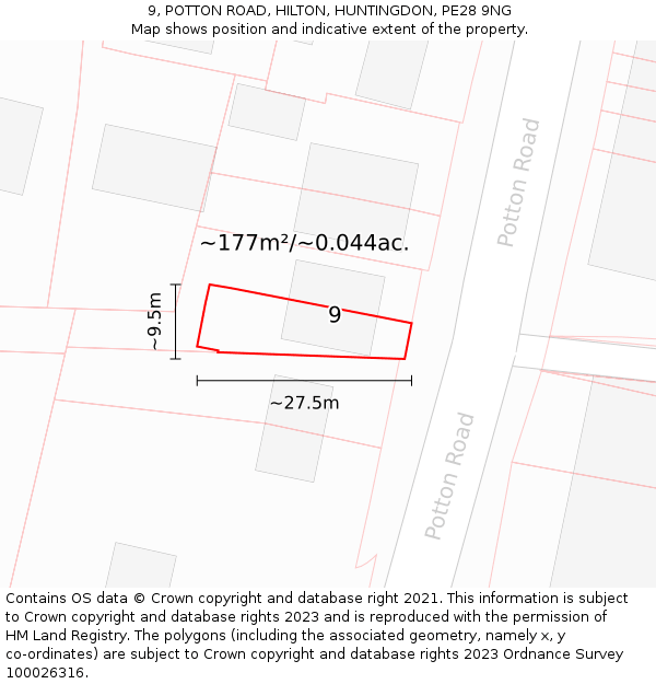 9, POTTON ROAD, HILTON, HUNTINGDON, PE28 9NG: Plot and title map