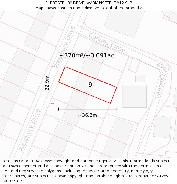 9, PRESTBURY DRIVE, WARMINSTER, BA12 9LB: Plot and title map